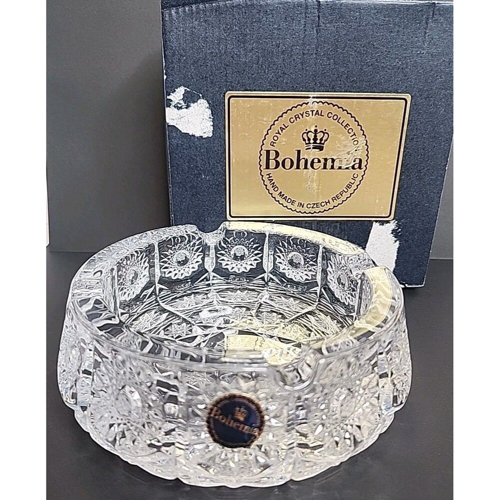 Vintage Bohemia Queen Lace Cut 24% Lead Crystal Ashtray 6" MINT With Box